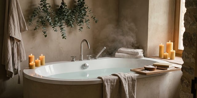 spa bathroom wooden accessories plants